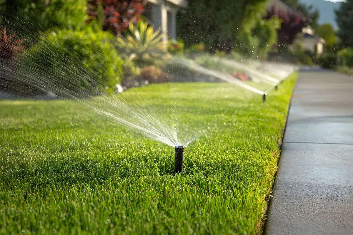 Sprinklers watering a green lawn
